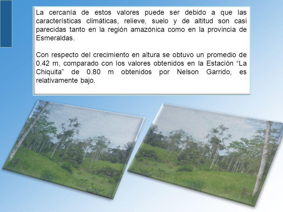La cercanía de estos valores puede ser debido a que las características climáticas, relieve, suelo y de altitud son casi parecidas tanto en la región amazónica como en la provincia de Esmeraldas.