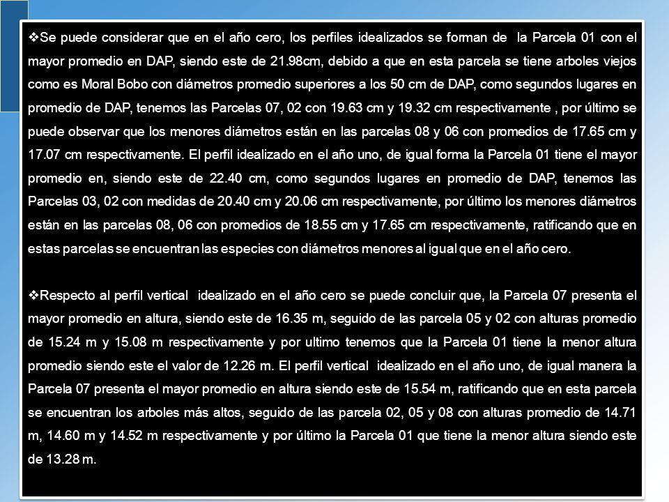 Se puede considerar que en el año cero, los perfiles idealizados se forman de la Parcela 01 con el mayor promedio en DAP, siendo este de 21.98cm, debido a que en esta parcela se tiene arboles viejos como es Moral Bobo con diámetros promedio superiores a los 50 cm de DAP, como segundos lugares en promedio de DAP, tenemos las Parcelas 07, 02 con cm y cm respectivamente , por último se puede observar que los menores diámetros están en las parcelas 08 y 06 con promedios de cm y cm respectivamente. El perfil idealizado en el año uno, de igual forma la Parcela 01 tiene el mayor promedio en, siendo este de cm, como segundos lugares en promedio de DAP, tenemos las Parcelas 03, 02 con medidas de cm y cm respectivamente, por último los menores diámetros están en las parcelas 08, 06 con promedios de cm y cm respectivamente, ratificando que en estas parcelas se encuentran las especies con diámetros menores al igual que en el año cero.