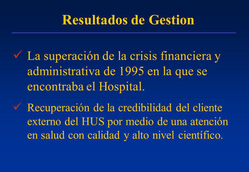 Resultados de Gestion La superación de la crisis financiera y administrativa de 1995 en la que se encontraba el Hospital.