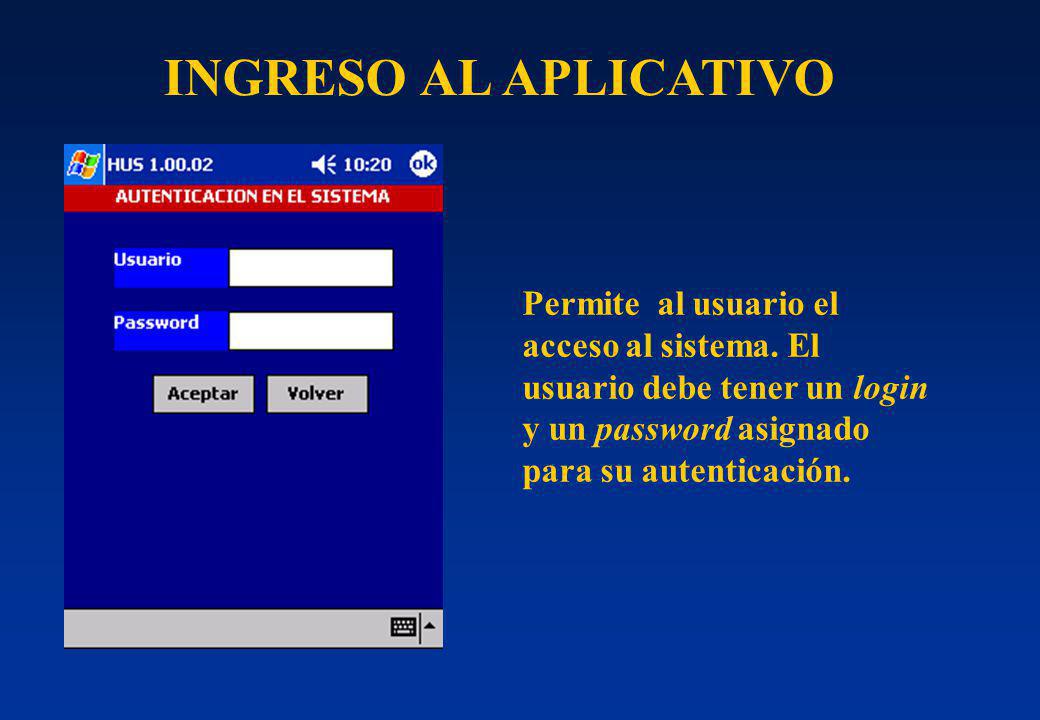 INGRESO AL APLICATIVO Permite al usuario el acceso al sistema.