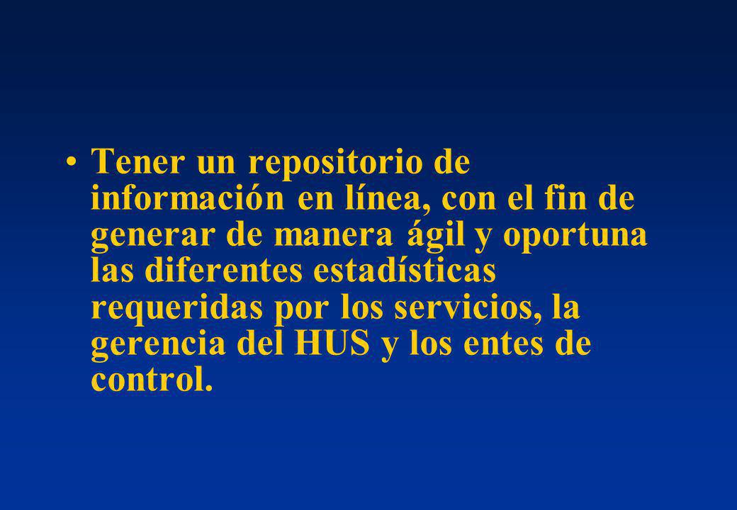 Tener un repositorio de información en línea, con el fin de generar de manera ágil y oportuna las diferentes estadísticas requeridas por los servicios, la gerencia del HUS y los entes de control.