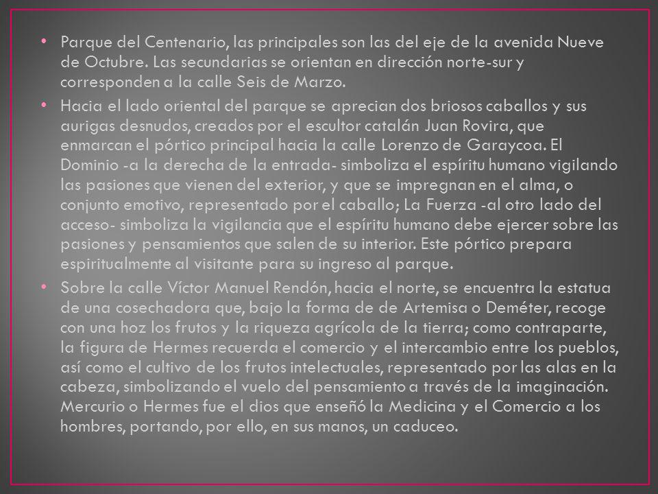 Parque del Centenario, las principales son las del eje de la avenida Nueve de Octubre. Las secundarias se orientan en dirección norte-sur y corresponden a la calle Seis de Marzo.