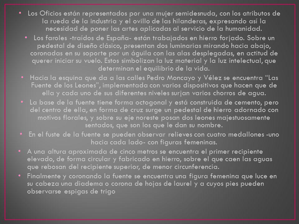 Los Oficios están representados por una mujer semidesnuda, con los atributos de la rueda de la industria y el ovillo de las hilanderas, expresando así la necesidad de poner las artes aplicadas al servicio de la humanidad.