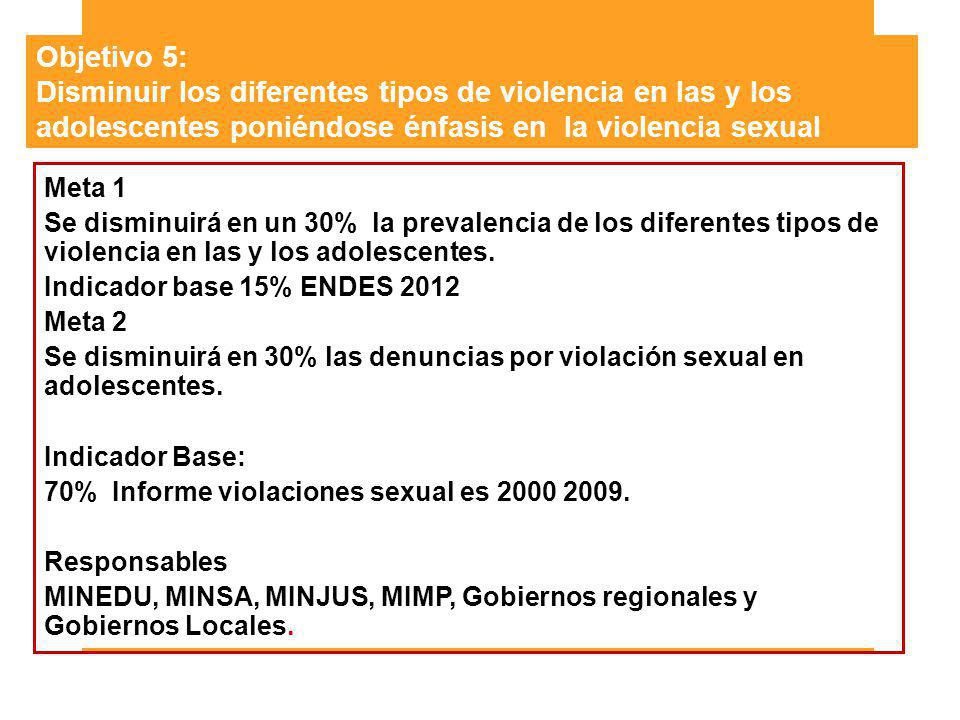 Objetivo 5: Disminuir los diferentes tipos de violencia en las y los adolescentes poniéndose énfasis en la violencia sexual