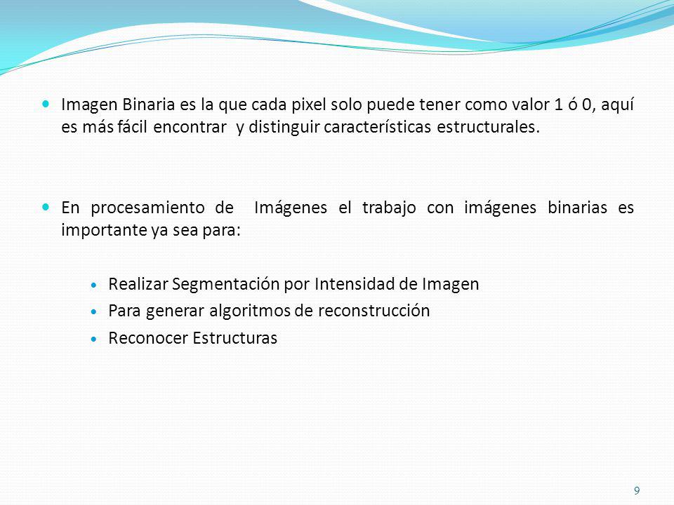 Imagen Binaria es la que cada pixel solo puede tener como valor 1 ó 0, aquí es más fácil encontrar y distinguir características estructurales.