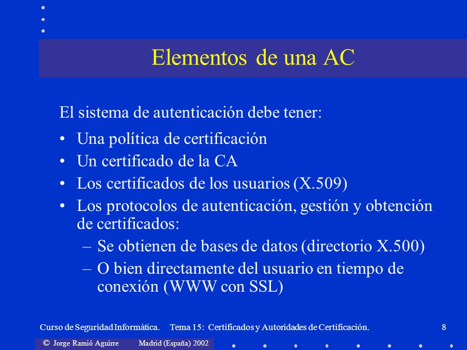 Elementos de una AC El sistema de autenticación debe tener: