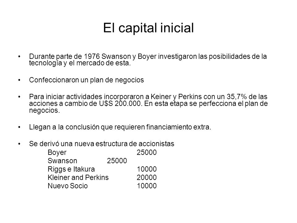 El capital inicial Durante parte de 1976 Swanson y Boyer investigaron las posibilidades de la tecnología y el mercado de esta.