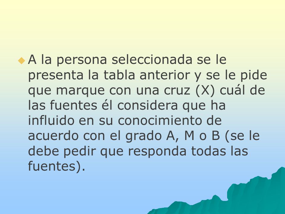 A la persona seleccionada se le presenta la tabla anterior y se le pide que marque con una cruz (X) cuál de las fuentes él considera que ha influido en su conocimiento de acuerdo con el grado A, M o B (se le debe pedir que responda todas las fuentes).