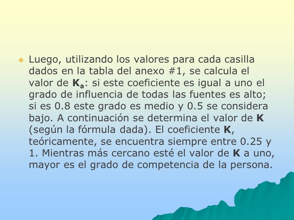 Luego, utilizando los valores para cada casilla dados en la tabla del anexo #1, se calcula el valor de Ka: si este coeficiente es igual a uno el grado de influencia de todas las fuentes es alto; si es 0.8 este grado es medio y 0.5 se considera bajo.