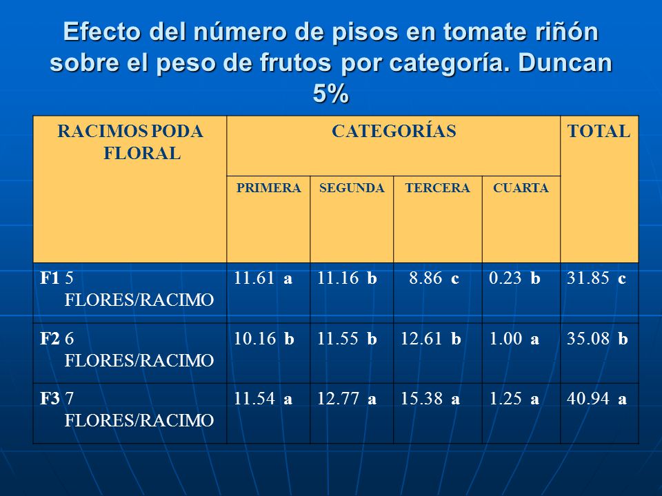 Efecto del número de pisos en tomate riñón sobre el peso de frutos por categoría. Duncan 5%