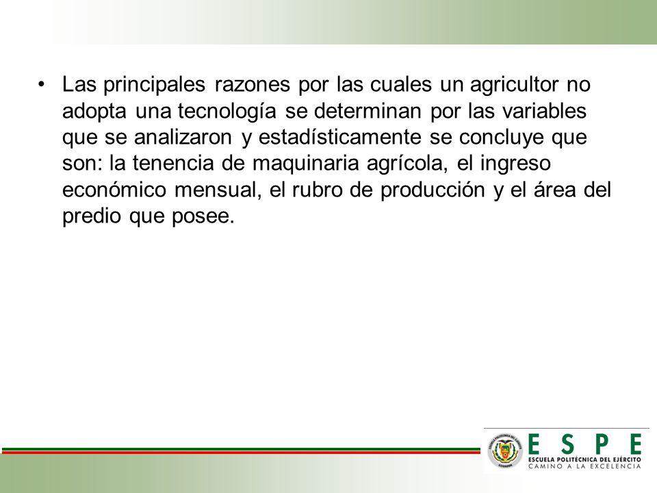Las principales razones por las cuales un agricultor no adopta una tecnología se determinan por las variables que se analizaron y estadísticamente se concluye que son: la tenencia de maquinaria agrícola, el ingreso económico mensual, el rubro de producción y el área del predio que posee.