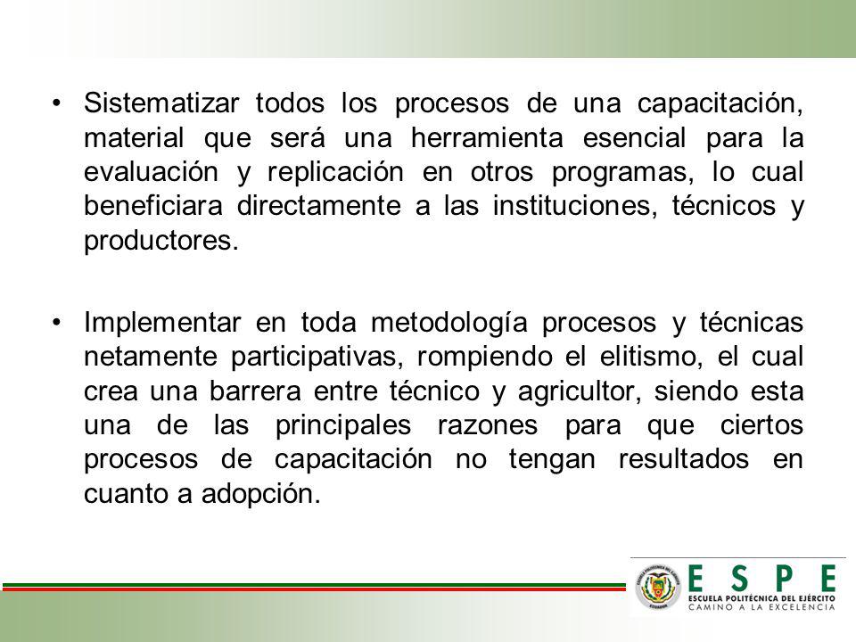 Sistematizar todos los procesos de una capacitación, material que será una herramienta esencial para la evaluación y replicación en otros programas, lo cual beneficiara directamente a las instituciones, técnicos y productores.