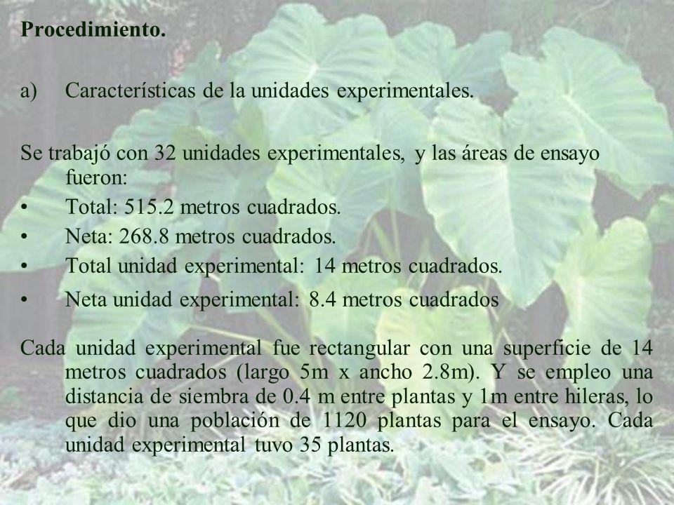 Procedimiento. Características de la unidades experimentales. Se trabajó con 32 unidades experimentales, y las áreas de ensayo fueron: