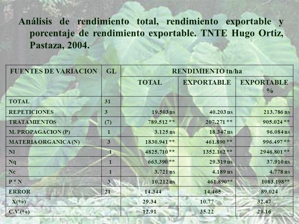Análisis de rendimiento total, rendimiento exportable y porcentaje de rendimiento exportable. TNTE Hugo Ortiz, Pastaza, 2004.