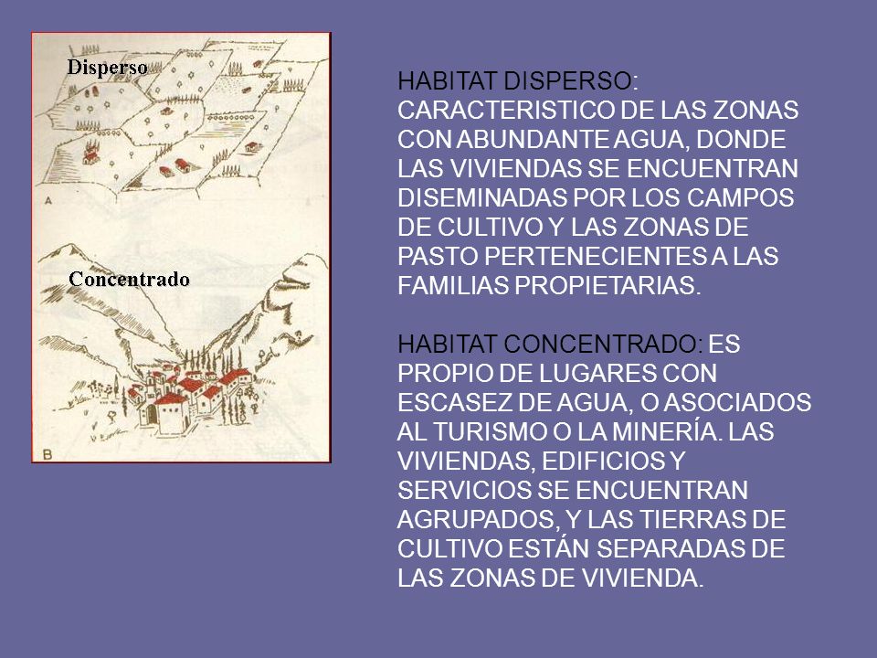 HABITAT DISPERSO: CARACTERISTICO DE LAS ZONAS CON ABUNDANTE AGUA, DONDE LAS VIVIENDAS SE ENCUENTRAN DISEMINADAS POR LOS CAMPOS DE CULTIVO Y LAS ZONAS DE PASTO PERTENECIENTES A LAS FAMILIAS PROPIETARIAS.