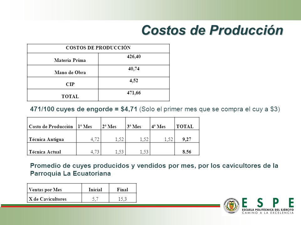 Costos de Producción COSTOS DE PRODUCCIÓN. Materia Prima. 426,40. Mano de Obra. 40,74. CIP. 4,52.