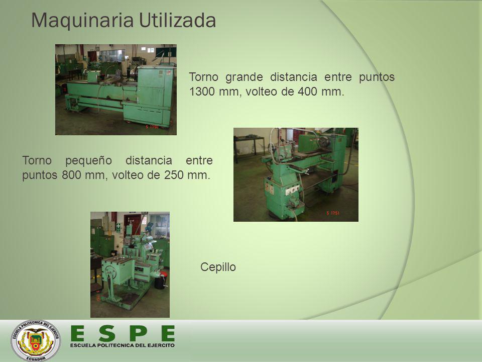 Maquinaria Utilizada Torno grande distancia entre puntos 1300 mm, volteo de 400 mm. Torno pequeño distancia entre puntos 800 mm, volteo de 250 mm.