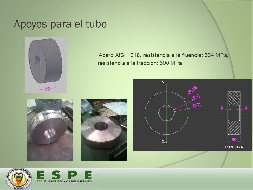 Apoyos para el tubo Acero AISI 1018, resistencia a la fluencia: 304 MPa, resistencia a la tracción: 500 MPa.