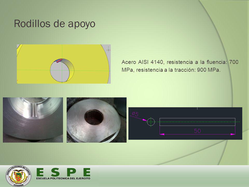 Rodillos de apoyo Acero AISI 4140, resistencia a la fluencia: 700 MPa, resistencia a la tracción: 900 MPa.