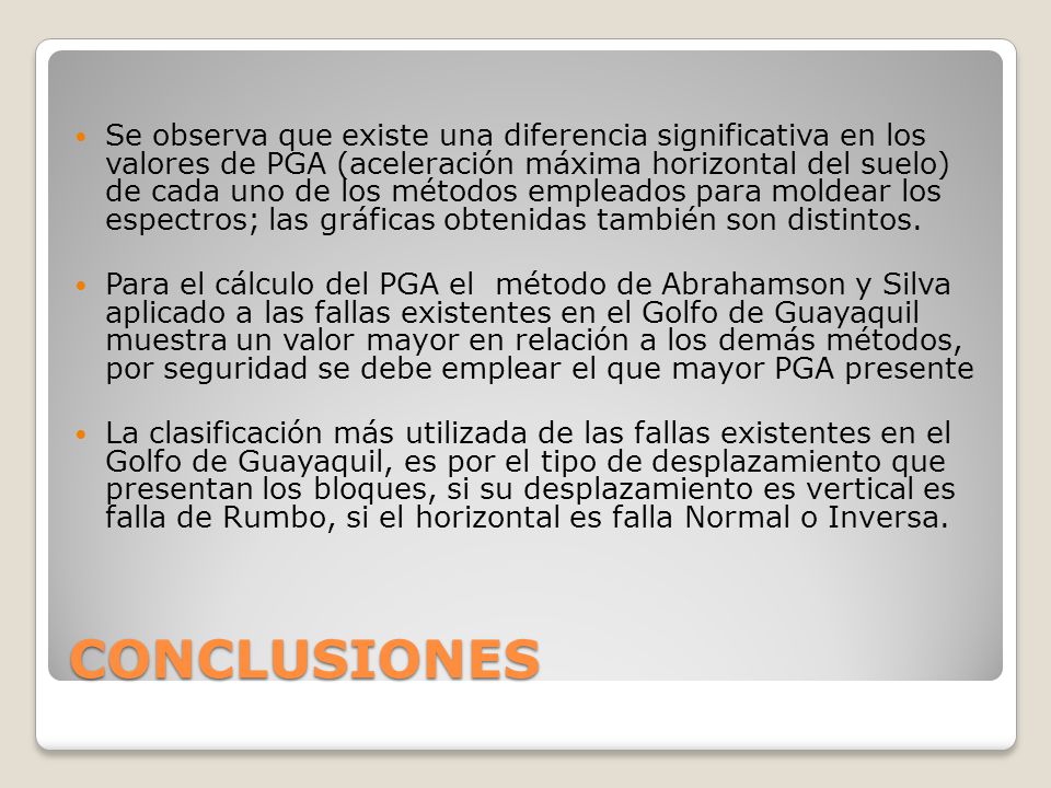 Se observa que existe una diferencia significativa en los valores de PGA (aceleración máxima horizontal del suelo) de cada uno de los métodos empleados para moldear los espectros; las gráficas obtenidas también son distintos.