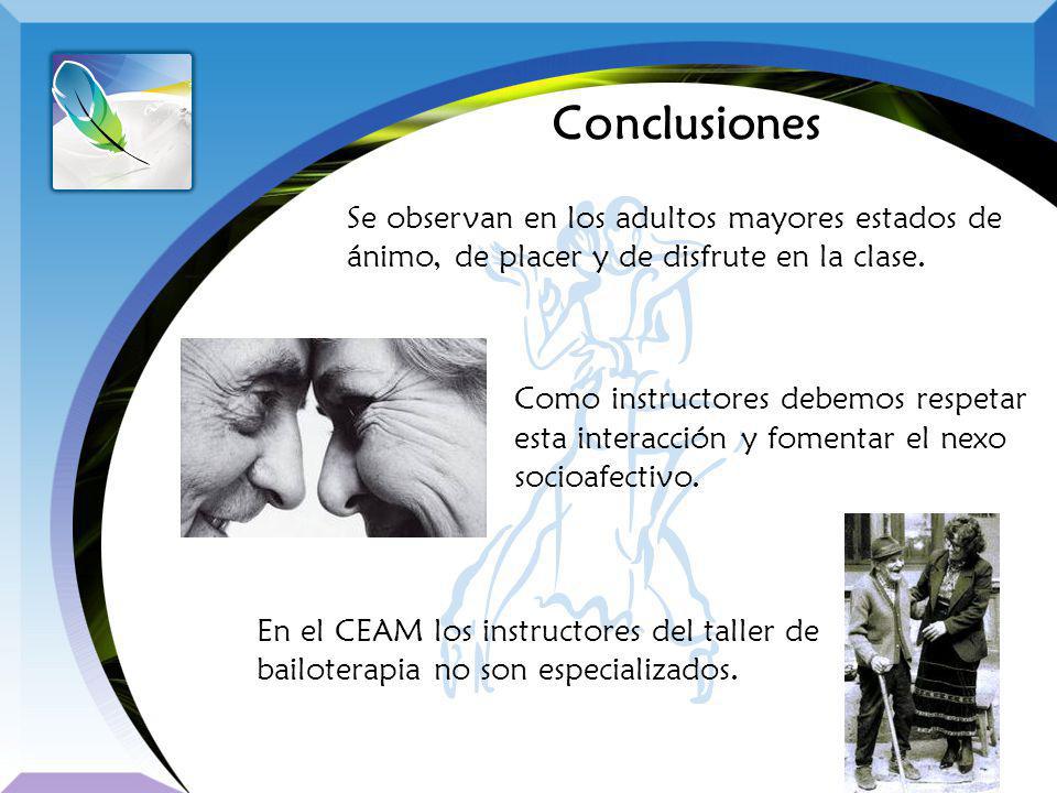 Conclusiones Se observan en los adultos mayores estados de ánimo, de placer y de disfrute en la clase.