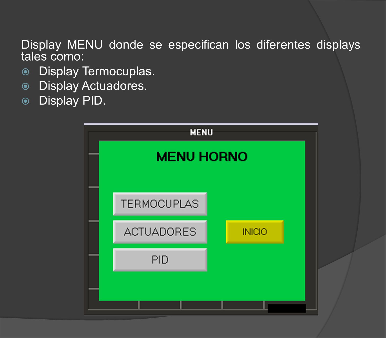 Display MENU donde se especifican los diferentes displays tales como: