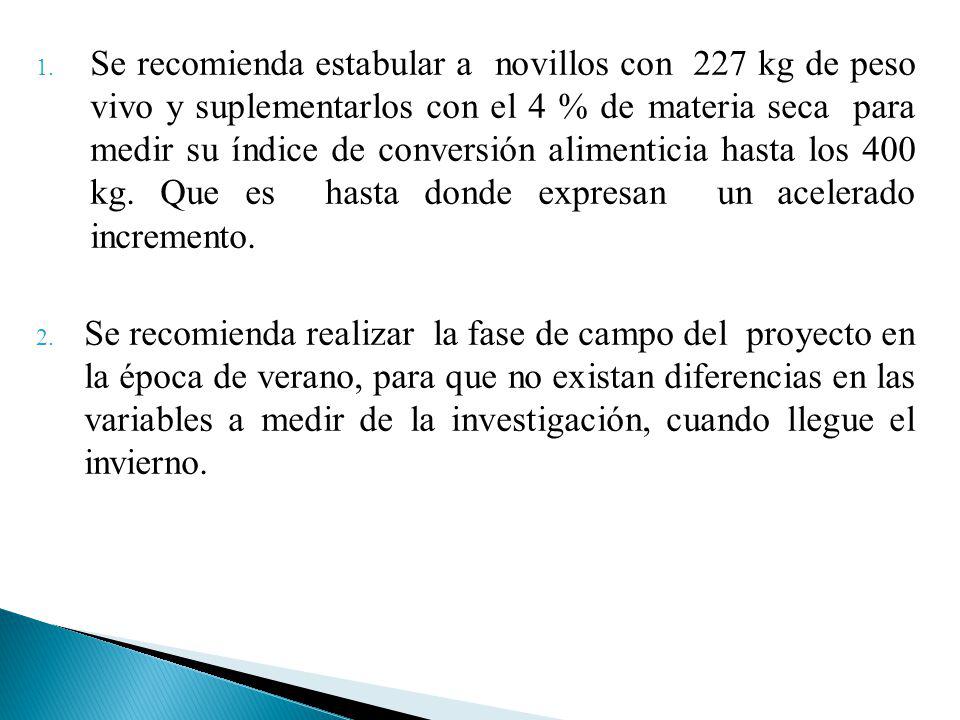 Se recomienda estabular a novillos con 227 kg de peso vivo y suplementarlos con el 4 % de materia seca para medir su índice de conversión alimenticia hasta los 400 kg. Que es hasta donde expresan un acelerado incremento.