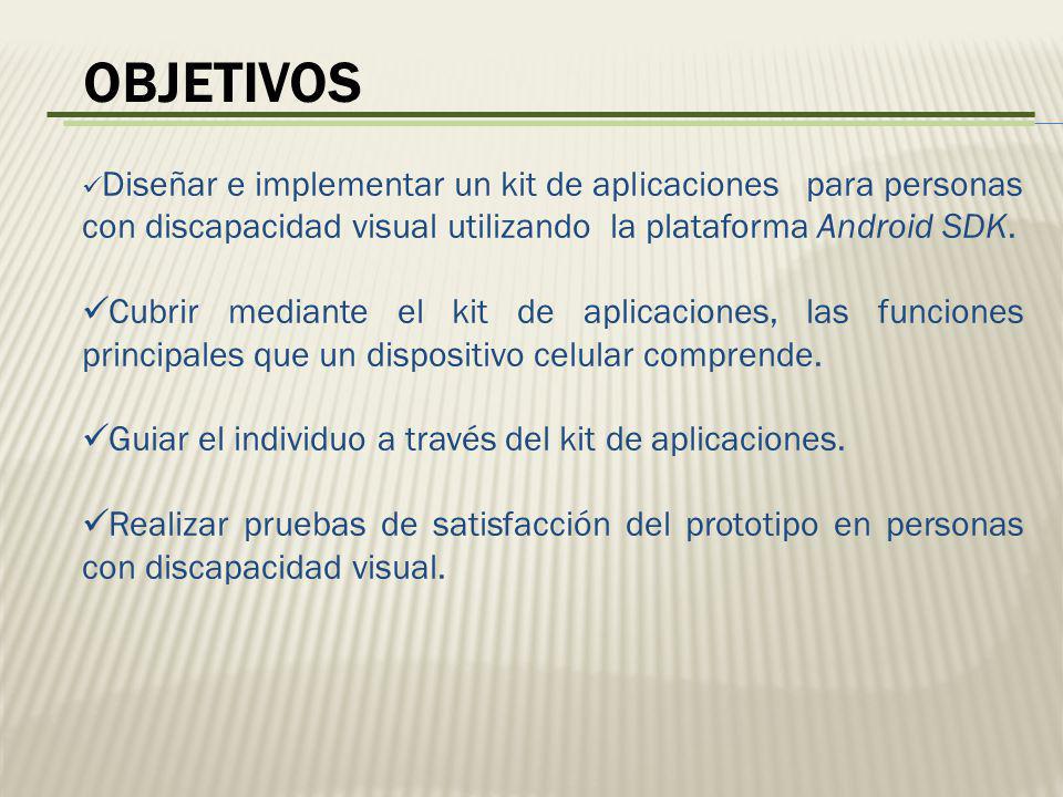 OBJETIVOS Diseñar e implementar un kit de aplicaciones para personas con discapacidad visual utilizando la plataforma Android SDK.