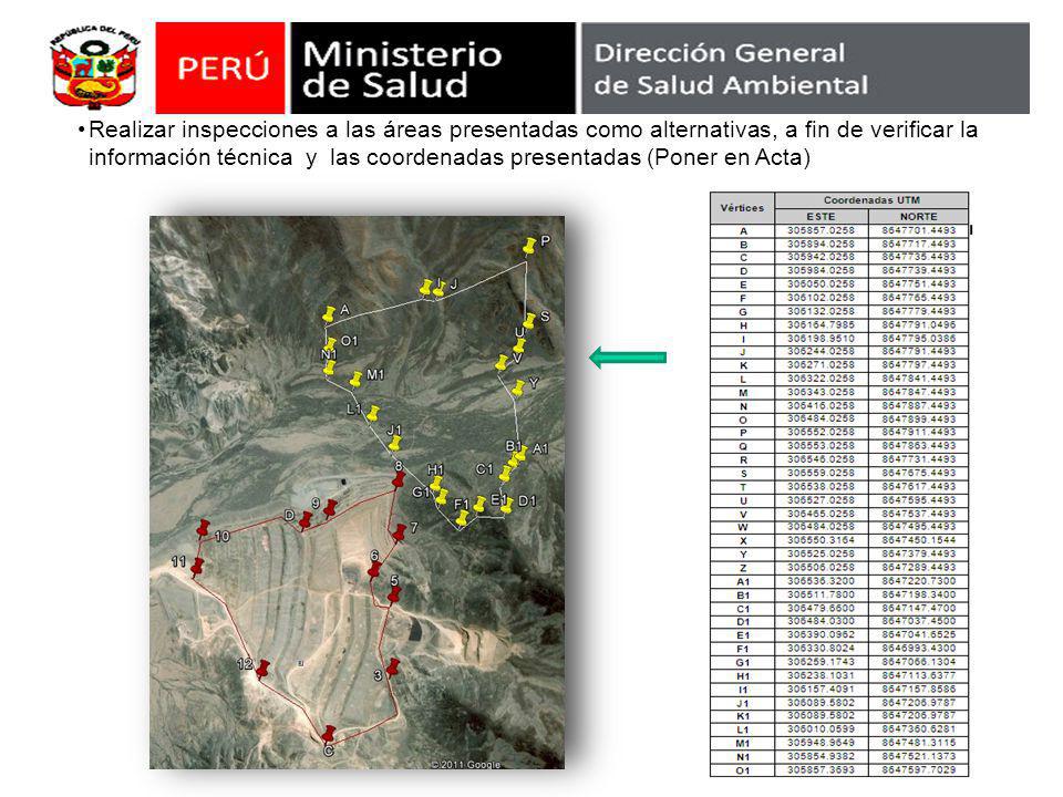 Realizar inspecciones a las áreas presentadas como alternativas, a fin de verificar la información técnica y las coordenadas presentadas (Poner en Acta)