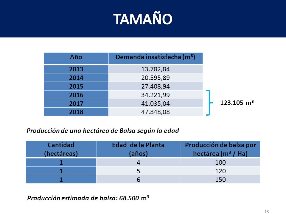 Demanda insatisfecha (m3) Producción de balsa por hectárea (m3 / Ha)