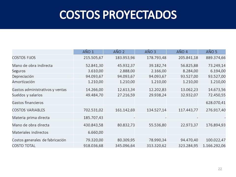 COSTOS PROYECTADOS AÑO 1 AÑO 2 AÑO 3 AÑO 4 AÑO 5 COSTOS FIJOS