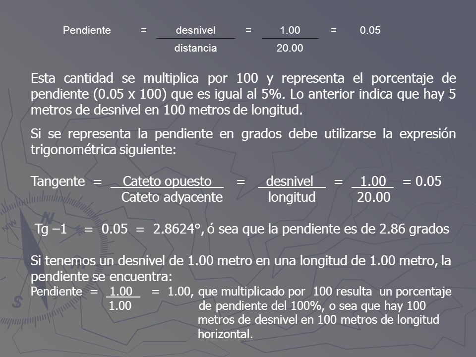 Tangente = Cateto opuesto = desnivel = 1.00 = 0.05