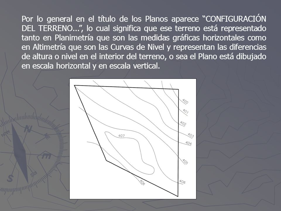 Por lo general en el título de los Planos aparece CONFIGURACIÓN DEL TERRENO... , lo cual significa que ese terreno está representado tanto en Planimetría que son las medidas gráficas horizontales como en Altimetría que son las Curvas de Nivel y representan las diferencias de altura o nivel en el interior del terreno, o sea el Plano está dibujado en escala horizontal y en escala vertical.
