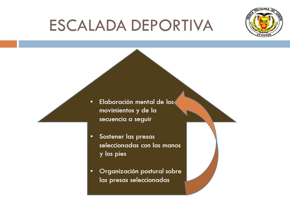 ESCALADA DEPORTIVA Elaboración mental de los movimientos y de la secuencia a seguir. Sostener las presas seleccionadas con las manos y los pies.