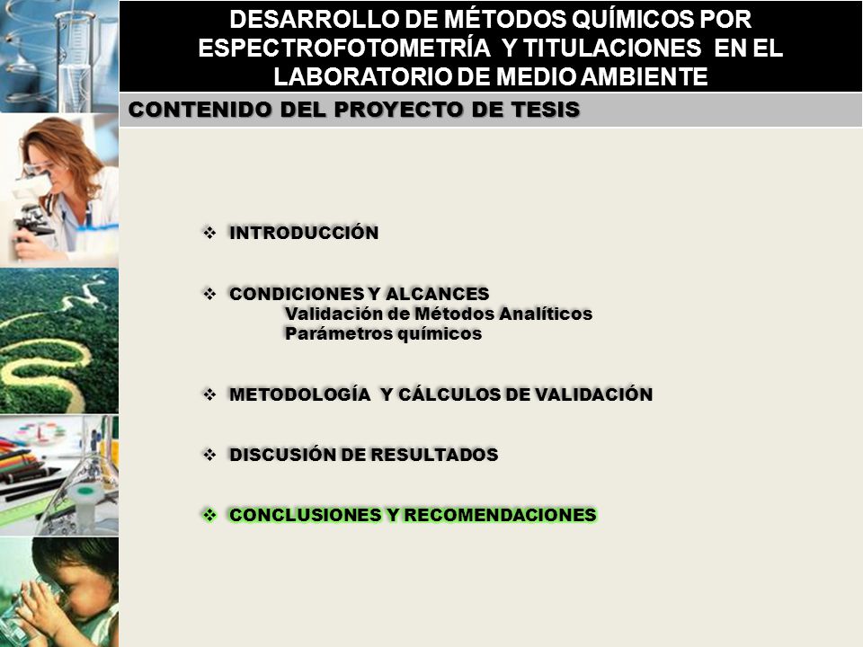 DESARROLLO DE MÉTODOS QUÍMICOS POR ESPECTROFOTOMETRÍA Y TITULACIONES EN EL LABORATORIO DE MEDIO AMBIENTE