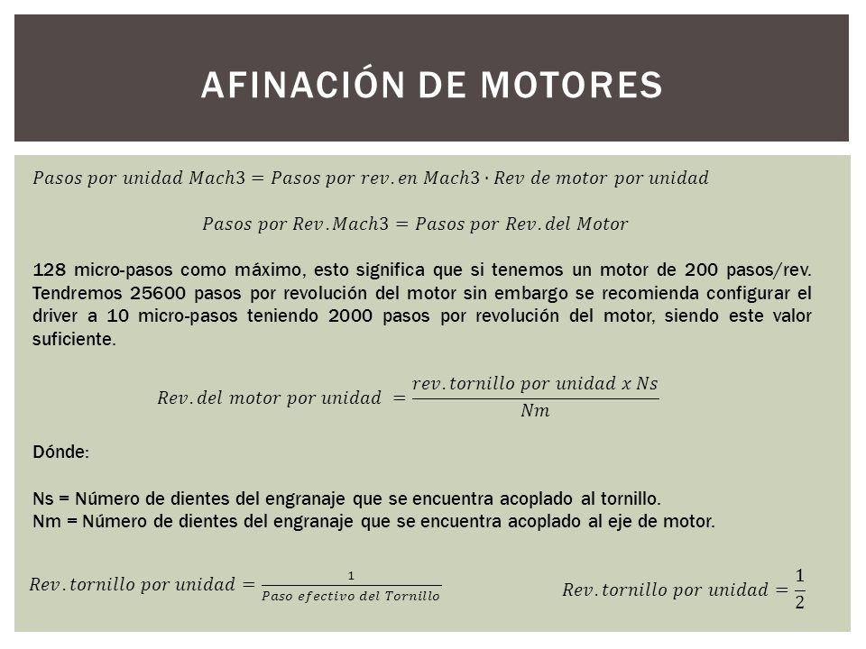AFINACIÓN DE MOTORES 𝑃𝑎𝑠𝑜𝑠 𝑝𝑜𝑟 𝑢𝑛𝑖𝑑𝑎𝑑 𝑀𝑎𝑐ℎ3=𝑃𝑎𝑠𝑜𝑠 𝑝𝑜𝑟 𝑟𝑒𝑣. 𝑒𝑛 𝑀𝑎𝑐ℎ3∙𝑅𝑒𝑣 𝑑𝑒 𝑚𝑜𝑡𝑜𝑟 𝑝𝑜𝑟 𝑢𝑛𝑖𝑑𝑎𝑑. 𝑃𝑎𝑠𝑜𝑠 𝑝𝑜𝑟 𝑅𝑒𝑣. 𝑀𝑎𝑐ℎ3=𝑃𝑎𝑠𝑜𝑠 𝑝𝑜𝑟 𝑅𝑒𝑣. 𝑑𝑒𝑙 𝑀𝑜𝑡𝑜𝑟.