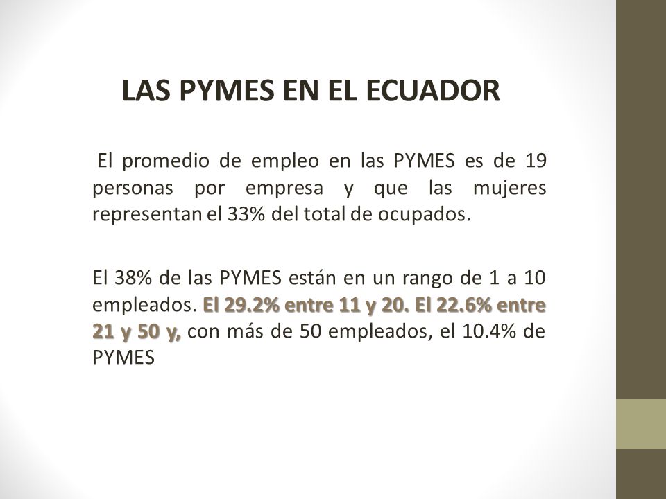 LAS PYMES EN EL ECUADOR El promedio de empleo en las PYMES es de 19 personas por empresa y que las mujeres representan el 33% del total de ocupados.