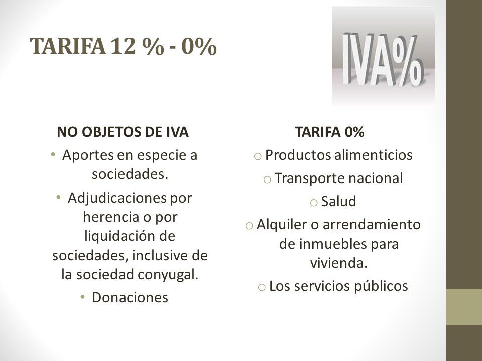 TARIFA 12 % - 0% NO OBJETOS DE IVA Aportes en especie a sociedades.
