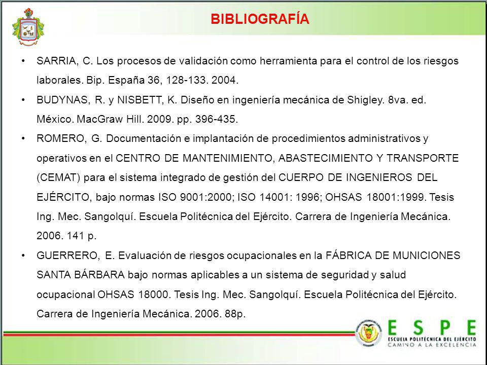 BIBLIOGRAFÍA SARRIA, C. Los procesos de validación como herramienta para el control de los riesgos laborales. Bip. España 36,