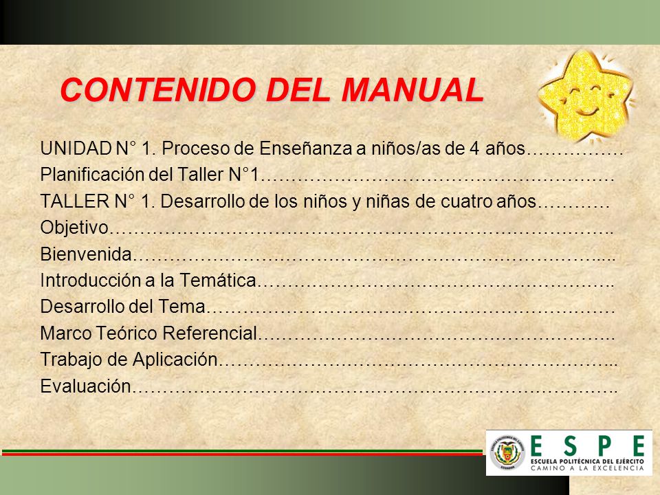 CONTENIDO DEL MANUAL UNIDAD N° 1. Proceso de Enseñanza a niños/as de 4 años……………. Planificación del Taller N°1………………………………………………….