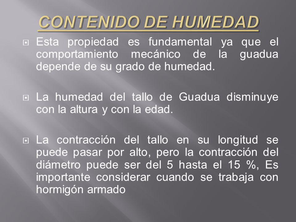 CONTENIDO DE HUMEDAD Esta propiedad es fundamental ya que el comportamiento mecánico de la guadua depende de su grado de humedad.