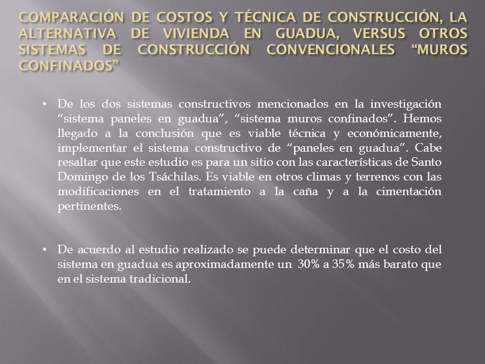COMPARACIÓN DE COSTOS Y TÉCNICA DE CONSTRUCCIÓN, LA ALTERNATIVA DE VIVIENDA EN GUADUA, VERSUS OTROS SISTEMAS DE CONSTRUCCIÓN CONVENCIONALES MUROS CONFINADOS