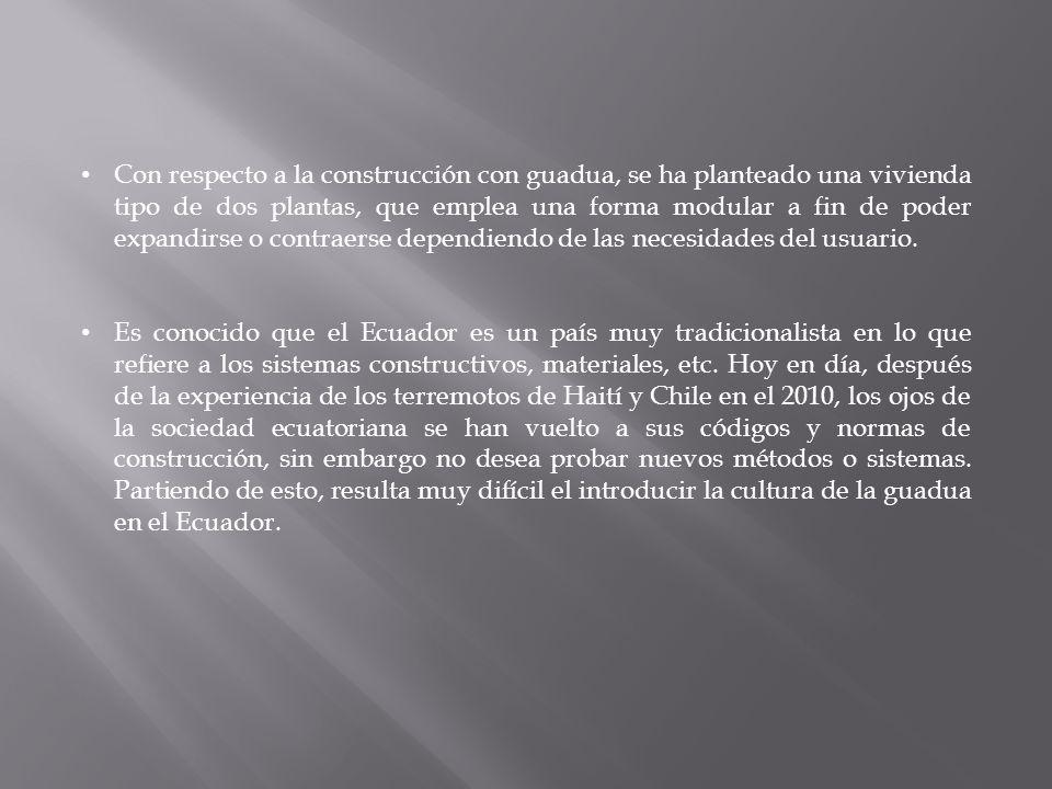 Con respecto a la construcción con guadua, se ha planteado una vivienda tipo de dos plantas, que emplea una forma modular a fin de poder expandirse o contraerse dependiendo de las necesidades del usuario.