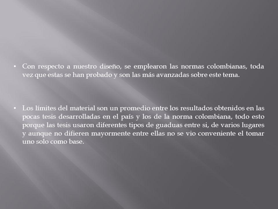 Con respecto a nuestro diseño, se emplearon las normas colombianas, toda vez que estas se han probado y son las más avanzadas sobre este tema.