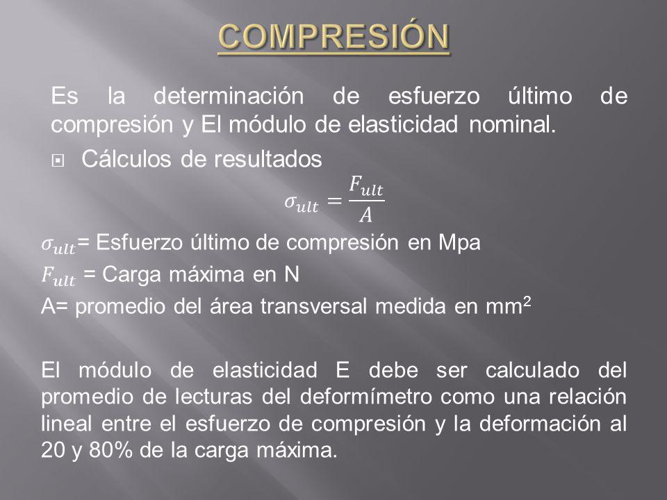 COMPRESIÓN Es la determinación de esfuerzo último de compresión y El módulo de elasticidad nominal.