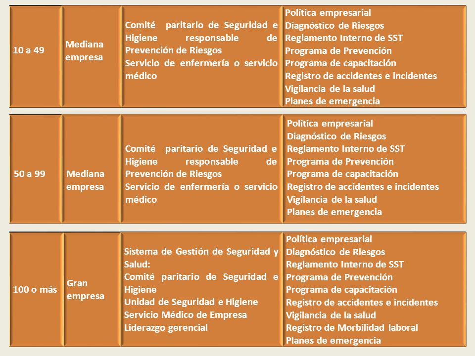 10 a 49 Mediana empresa. Comité paritario de Seguridad e Higiene responsable de Prevención de Riesgos.