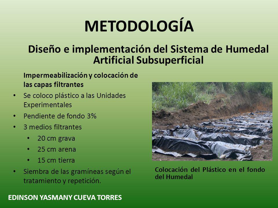 METODOLOGÍA Diseño e implementación del Sistema de Humedal Artificial Subsuperficial. Impermeabilización y colocación de las capas filtrantes.