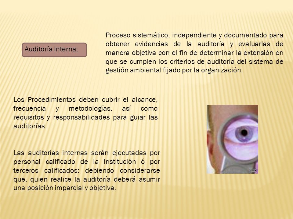 Proceso sistemático, independiente y documentado para obtener evidencias de la auditoría y evaluarlas de manera objetiva con el fin de determinar la extensión en que se cumplen los criterios de auditoría del sistema de gestión ambiental fijado por la organización.