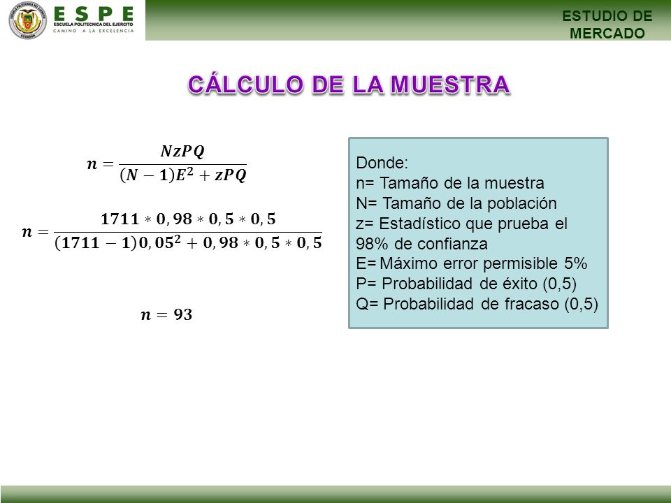 CÁLCULO DE LA MUESTRA 𝒏= 𝑵𝒛𝑷𝑸 𝑵−𝟏 𝑬 𝟐 +𝒛𝑷𝑸 Donde: