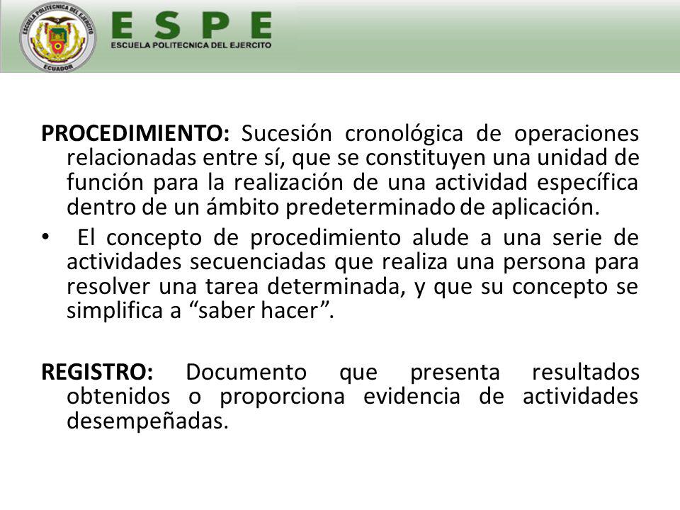PROCEDIMIENTO: Sucesión cronológica de operaciones relacionadas entre sí, que se constituyen una unidad de función para la realización de una actividad específica dentro de un ámbito predeterminado de aplicación.